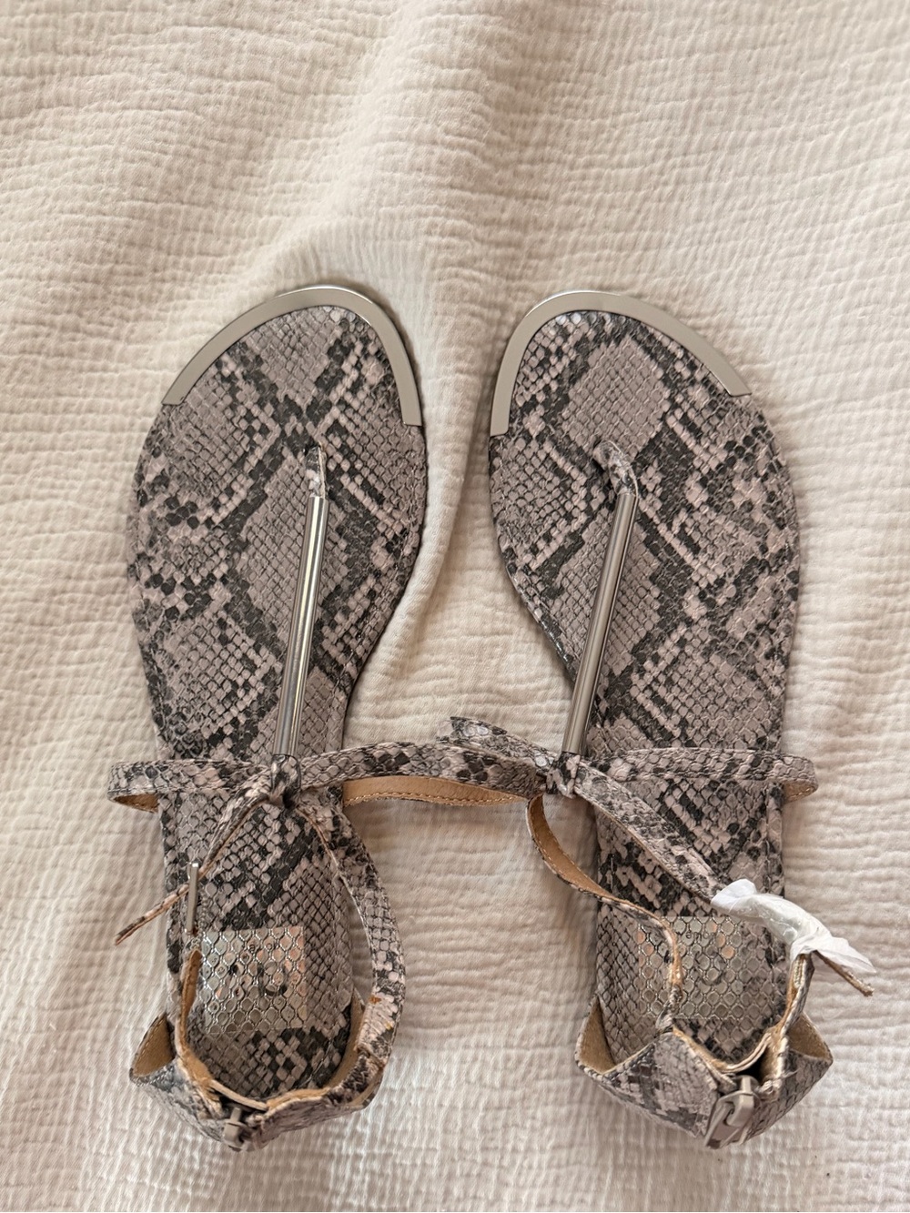 DV Snake-Print T‑Strap Ankle Sandals in Neutral Gray